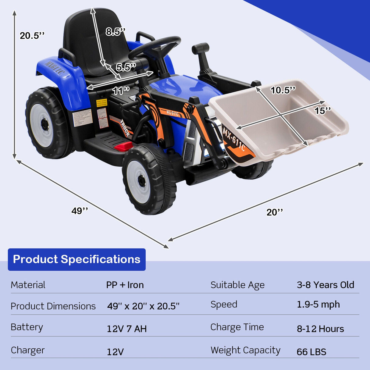 RC Electric Excavator Ride-On Toy Tractor for Kids with 2.4GHz Remote Control - 12V