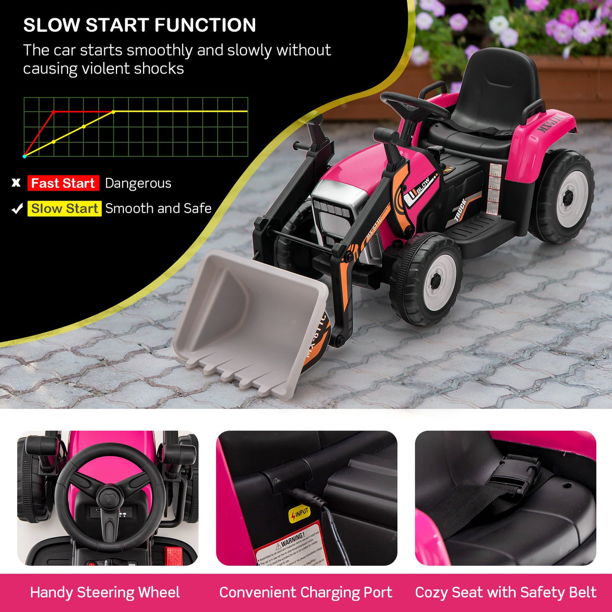 RC Electric Excavator Ride-On Toy Tractor for Kids with 2.4GHz Remote Control - 12V