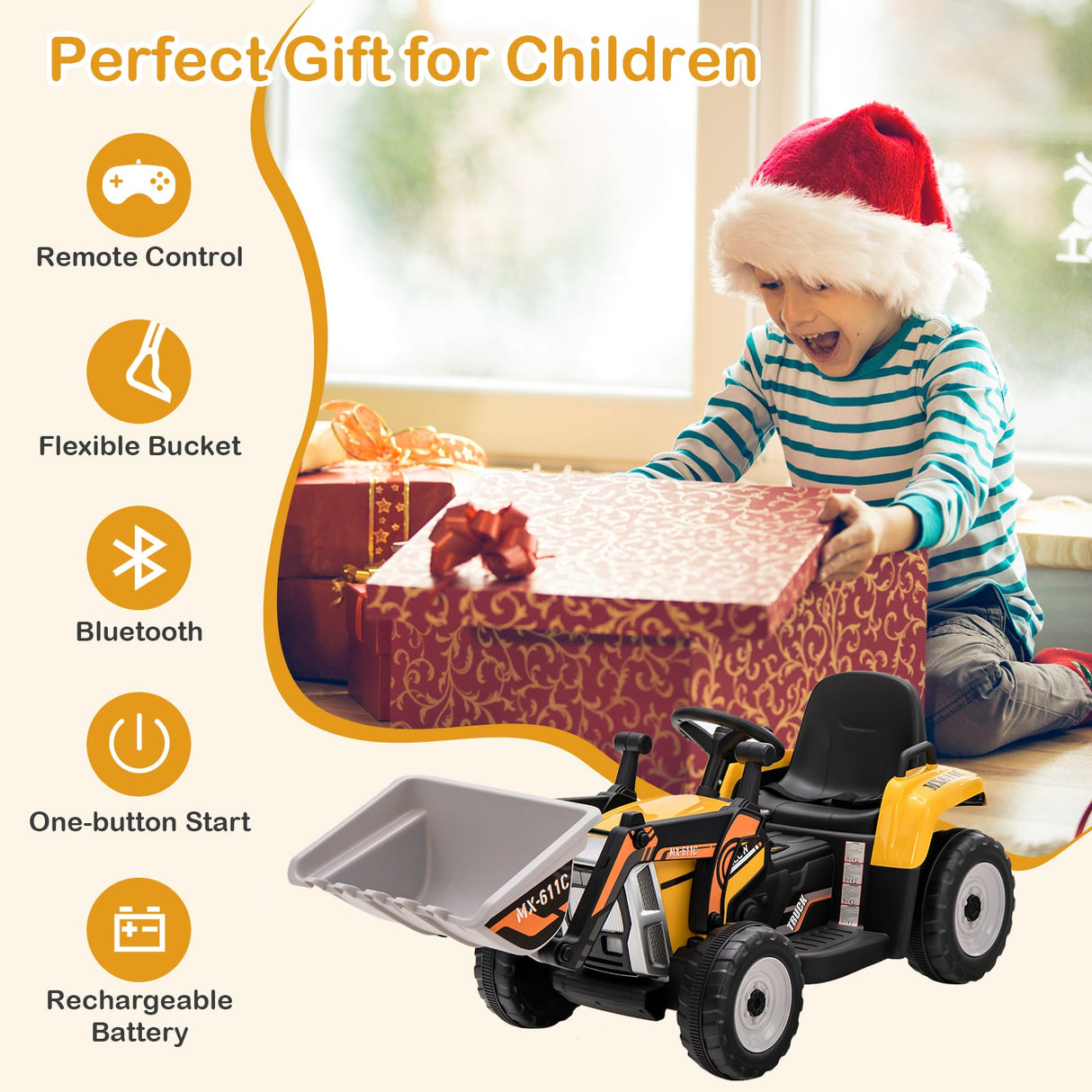 RC Electric Excavator Ride-On Toy Tractor for Kids with 2.4GHz Remote Control - 12V