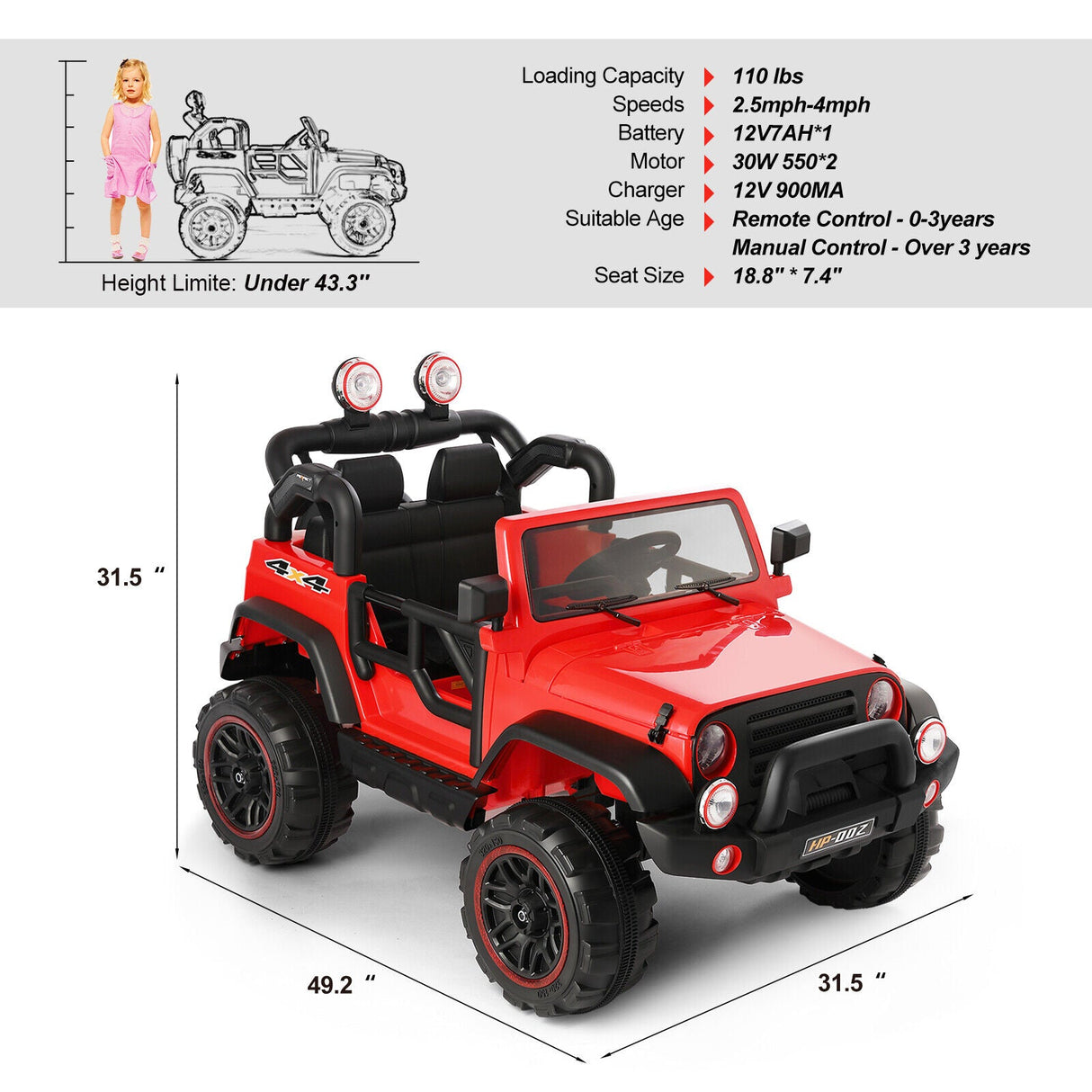 12V Double-Seater Electric Ride-On Truck for Kids with MP3, LED Lights, Cover, and Remote Control