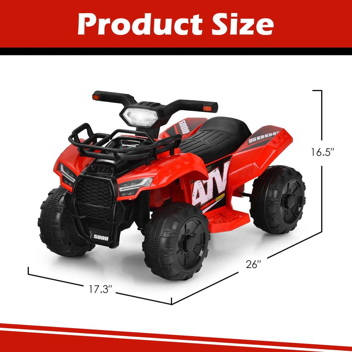 Red 6V Quad Ride-On Car for Kids with Music, Horn, and LED Lights