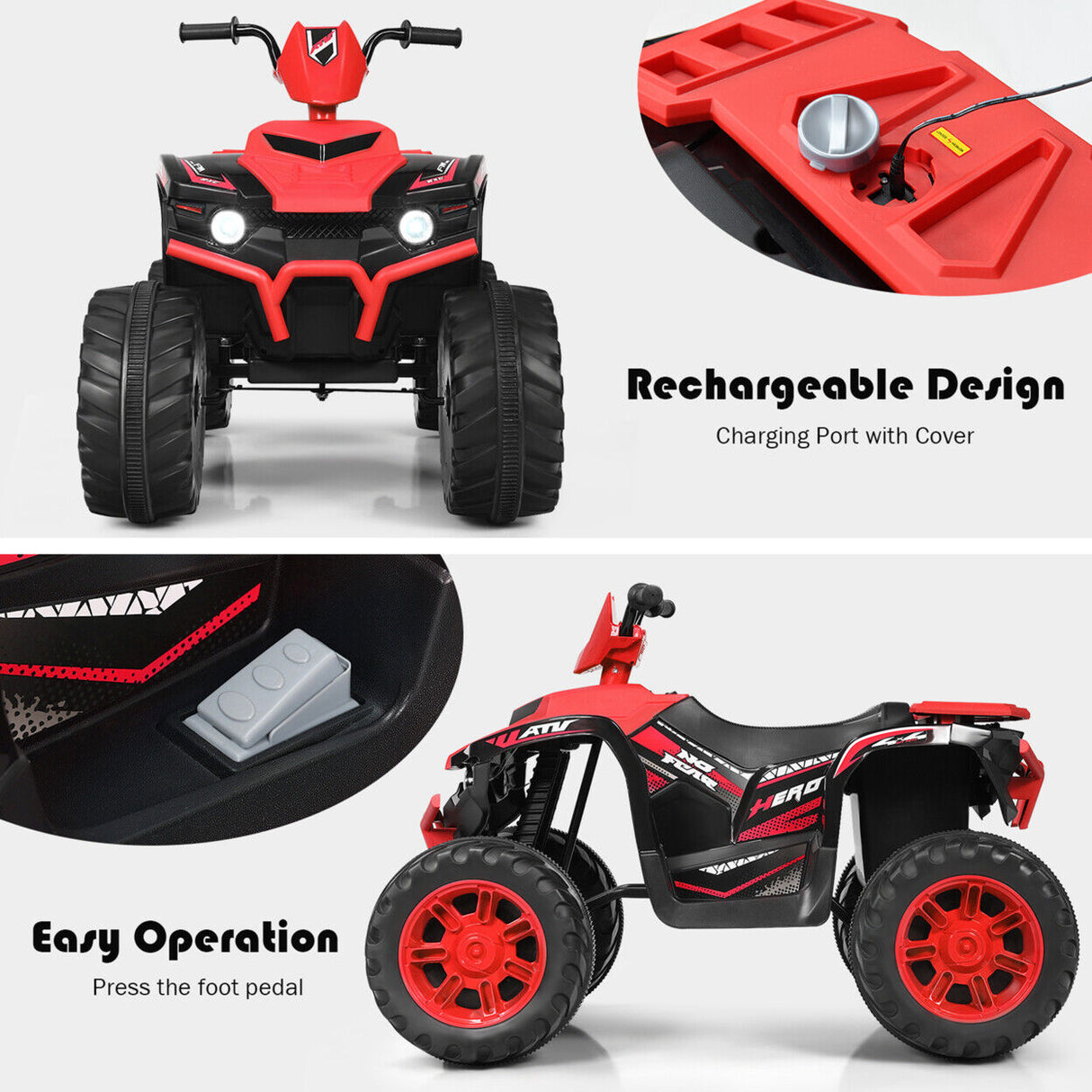 Red Electric Kids Ride On ATV with Music and LED Lights - 12V 4-Wheeler Quad