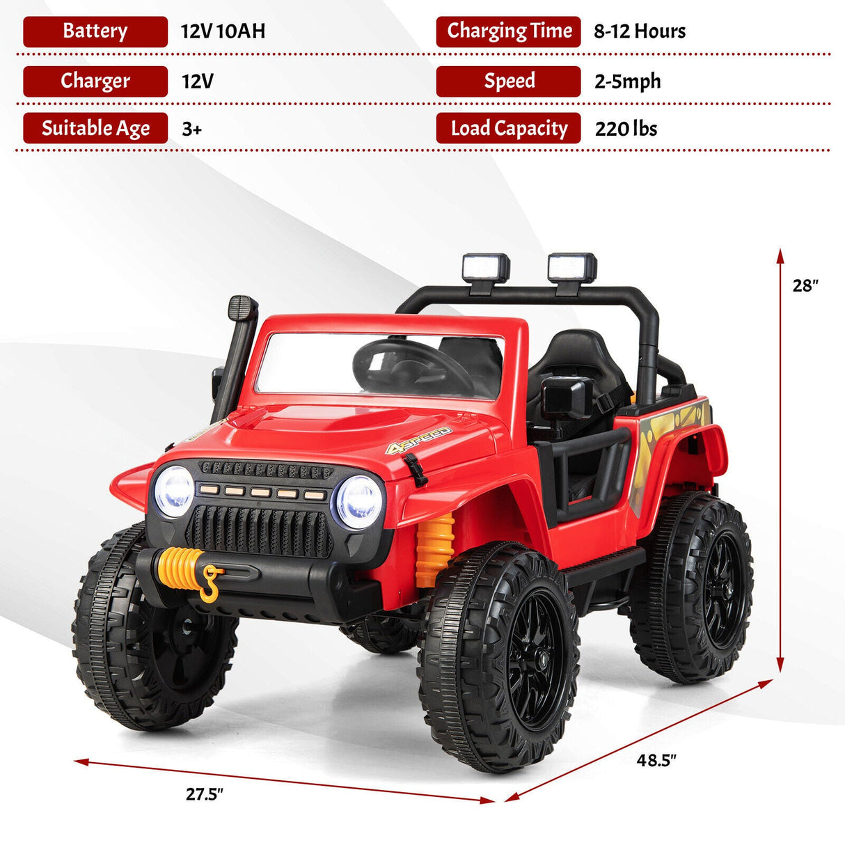 Red Parent-Child Ride On Truck with Remote Control, LED Lights, and Music - 12V 10AH