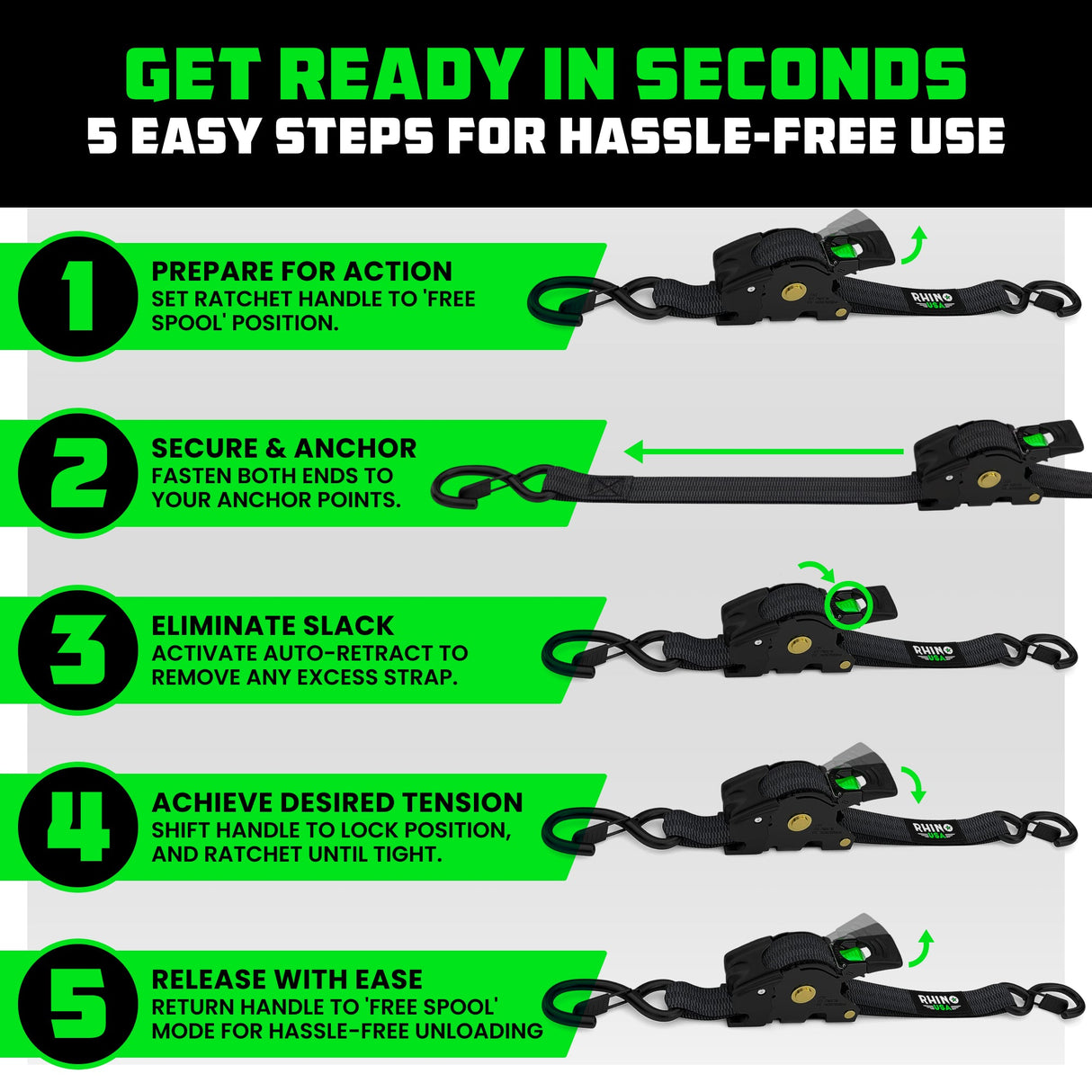 1" x 10' Retractable Ratchet Straps