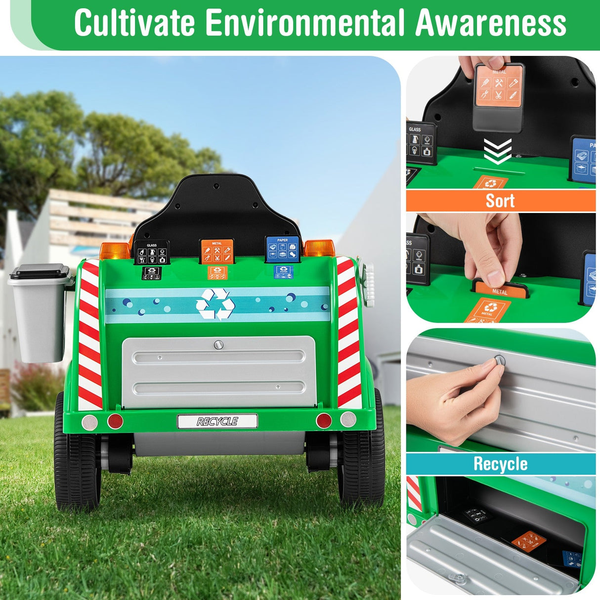 Ride-On Garbage Truck with Remote Control, Trash Bin, Shovel, Lights, and Sound Effects