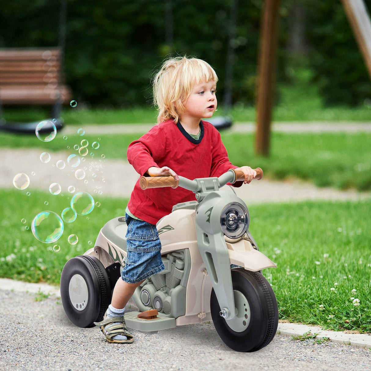 6V Ride-On Motorcycle and Bubble Car with Music - Cream Color