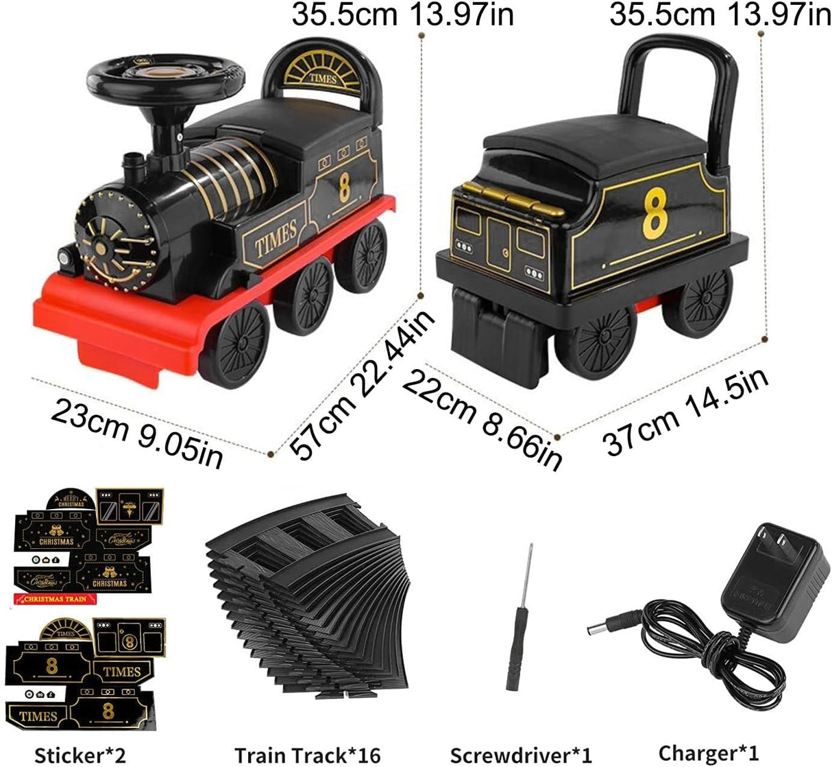 Electric Ride-On Train Set with Track, 2-Seater, Cargo Car, Music, and Lights