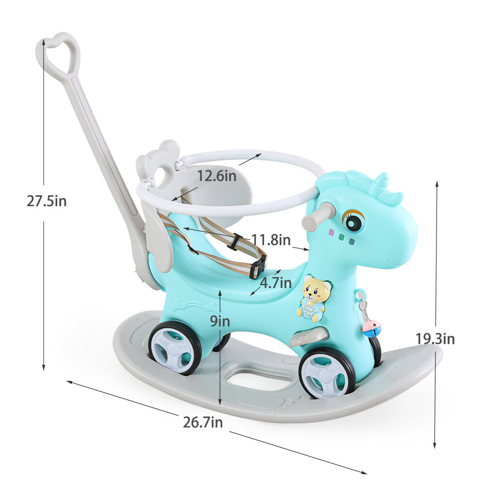 Toddler Ride-On Rocking Horse and Balance Bike with Push Handle and Backrest