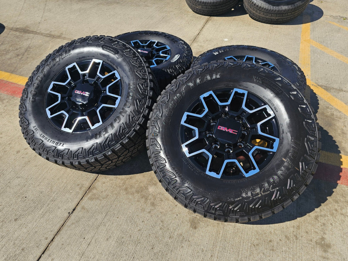 18" GMC Sierra AT4X Chevy Trail Boss 2500 OEM 14136 wheels rims GOODYEAR 35" NEW Texas Truck Tire