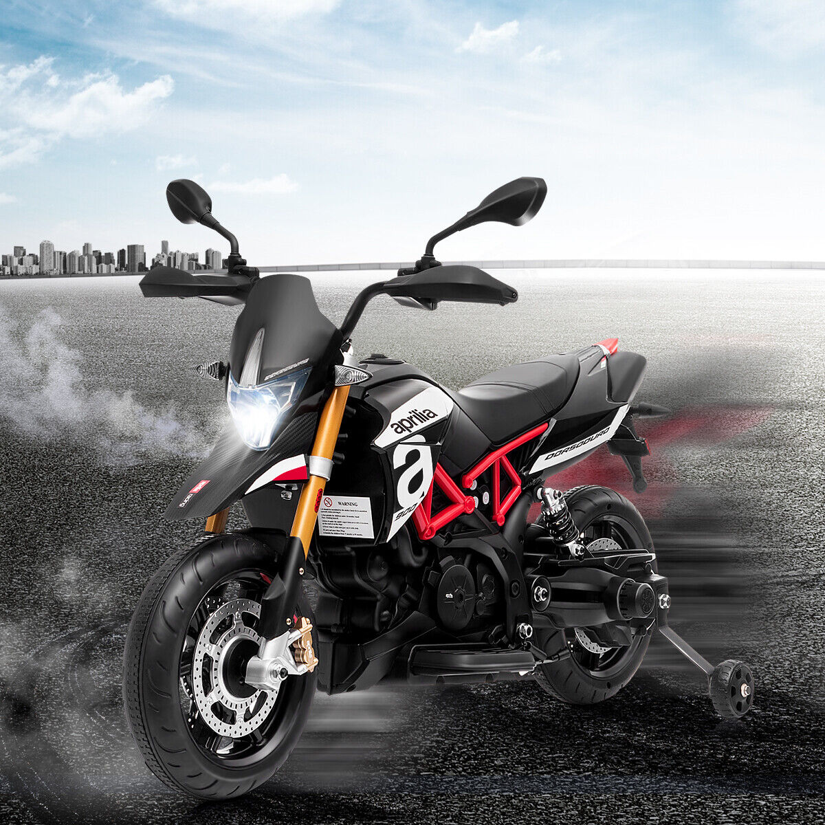 12V Kids Ride-On Aprilia Motorcycle with Training Wheels - Black