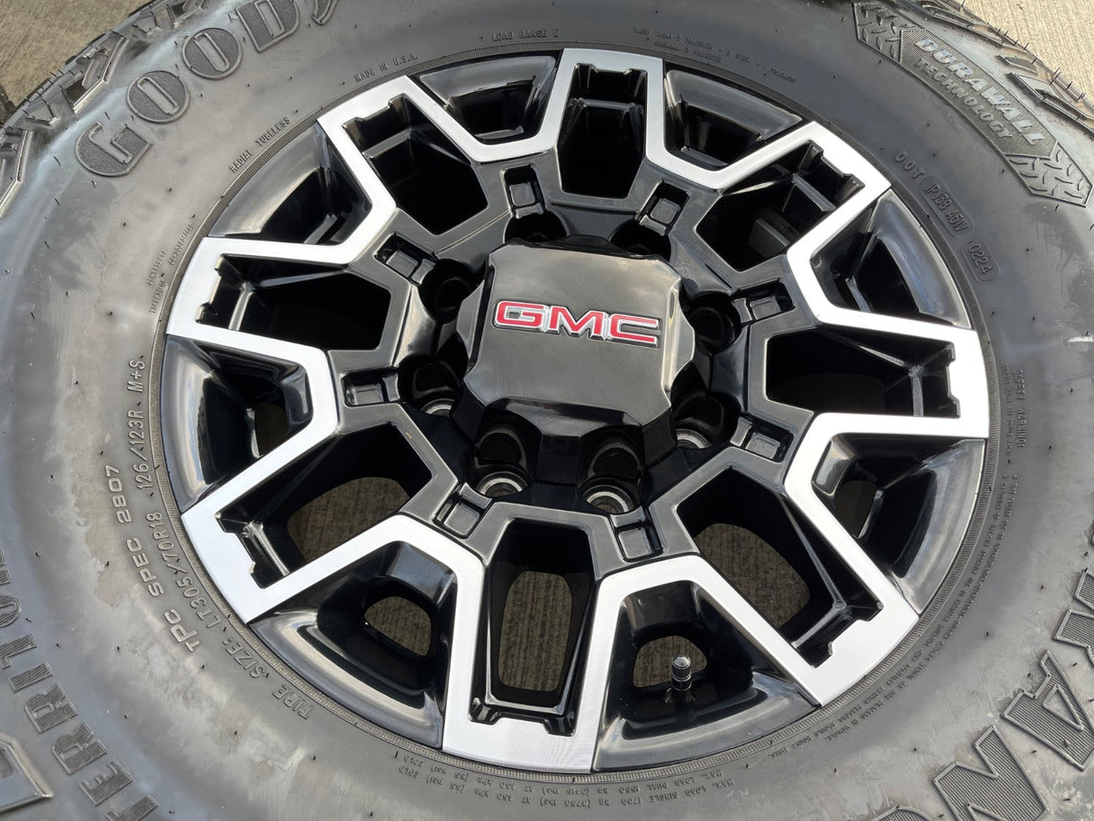 18" GMC Sierra AT4X Chevy Trail Boss 2500 OEM 14136 wheels rims GOODYEAR 35" Texas Truck Tire