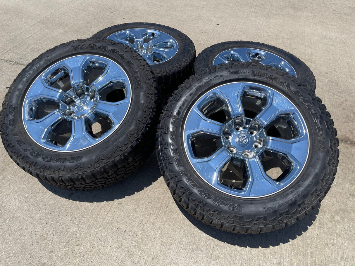 20" Dodge Ram 1500 OEM Laramie CHROME 2679 wheels rims tires GOODYEAR A/T Texas Truck Tire
