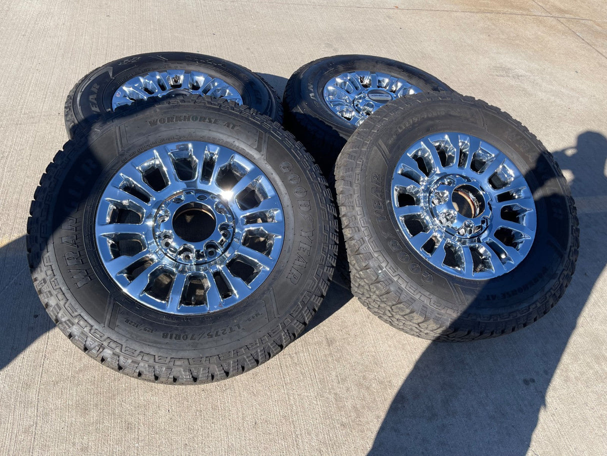 18" Ford F-250 F-350 OEM rims wheels 10290 chrome tires GOODYEAR WORKHORSE A/T Texas Truck Tire