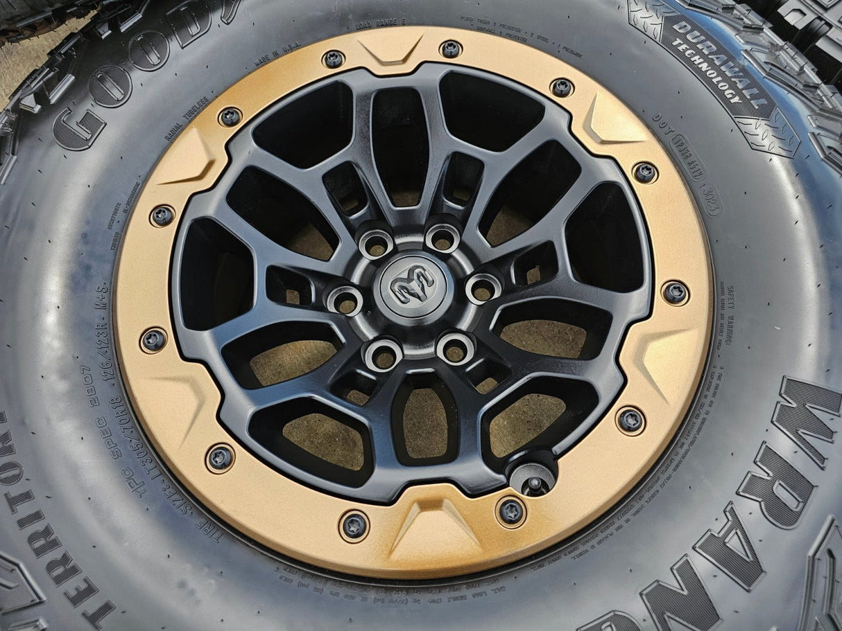 18" Dodge Ram 1500 TRX Beadlock OEM bronze RHO wheels rims 2735 tires 35" NEW Texas Truck Tire