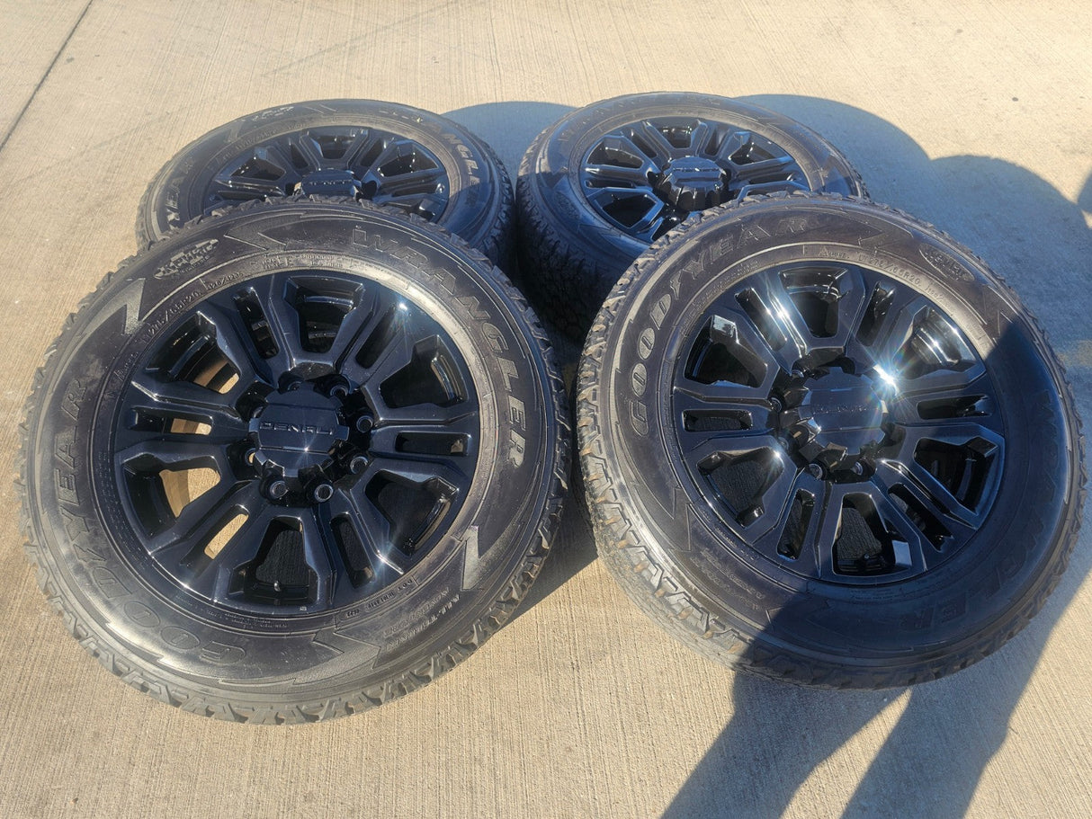 20" GMC Sierra Chevy 2500 OEM 5957 BLACK DIAMOND wheels rims 2024 2025 GOODYEAR Texas Truck Tire