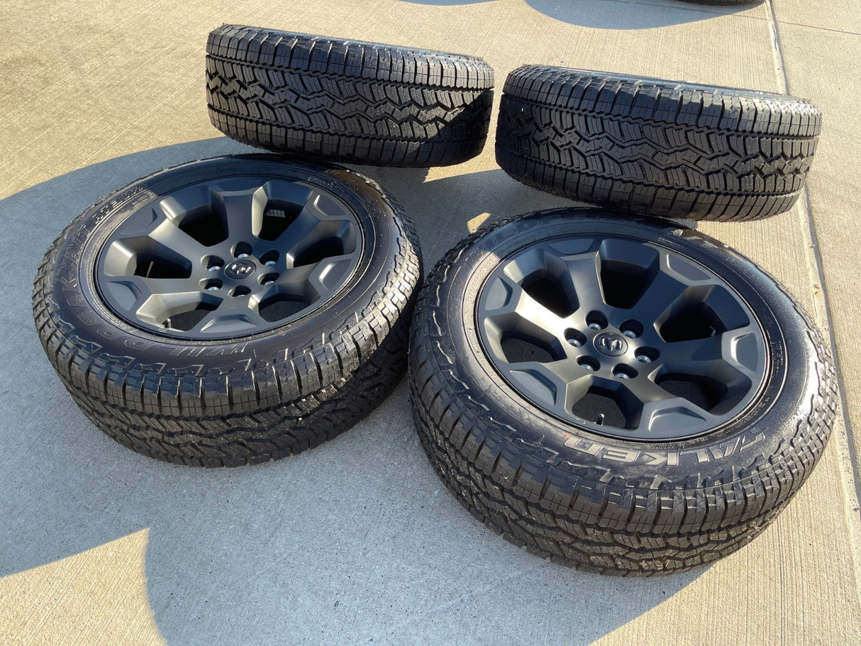 20" Dodge Ram 1500 OEM Laramie Black 2680 wheels rims 2025 2026 FALKEN A/T3 NEW Texas Truck Tire