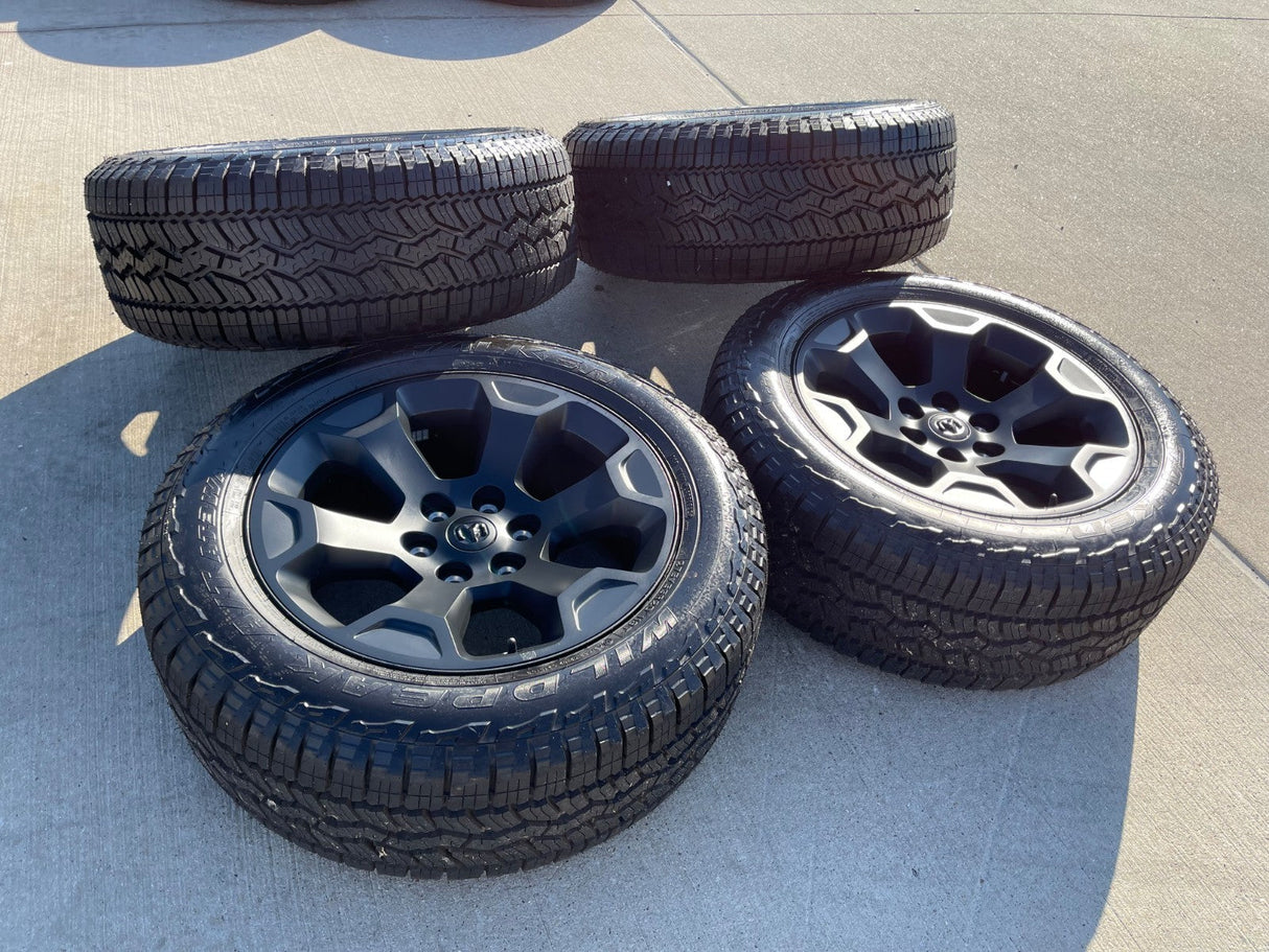 20" Dodge Ram 1500 OEM Laramie Black 2680 wheels rims 2025 2026 FALKEN A/T3 NEW Texas Truck Tire