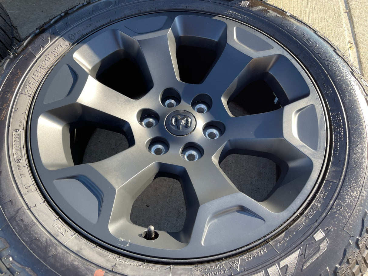 20" Dodge Ram 1500 OEM Laramie Black 2680 wheels rims 2025 2026 FALKEN A/T3 NEW Texas Truck Tire