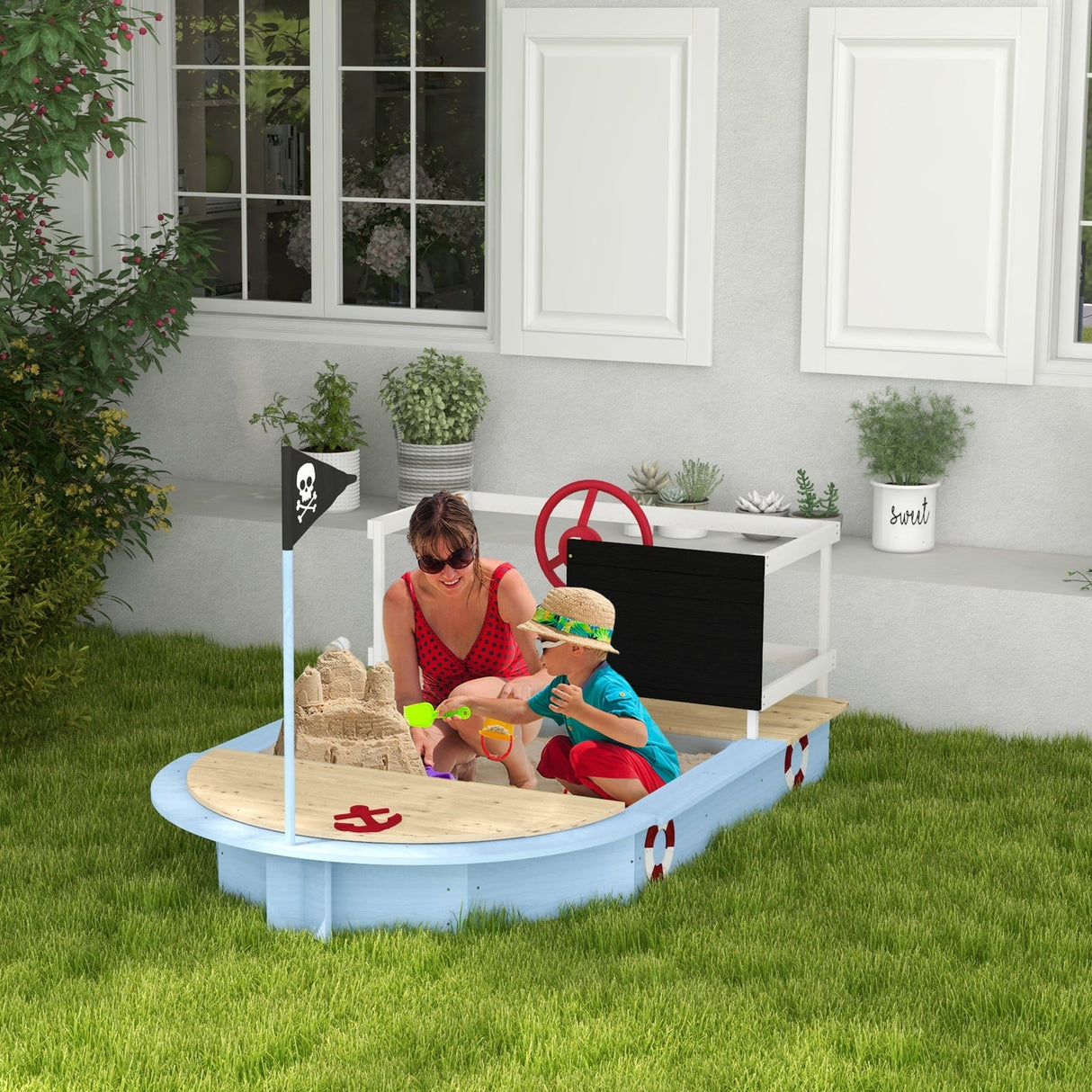 Wooden Sandbox with Pirate Ship Design for Ages 3-7, Blue