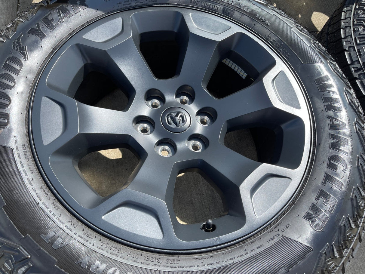 20" Dodge Ram 1500 OEM Laramie Black 2680 wheels rims 2025 2026 GOODYEAR NEW Texas Truck Tire