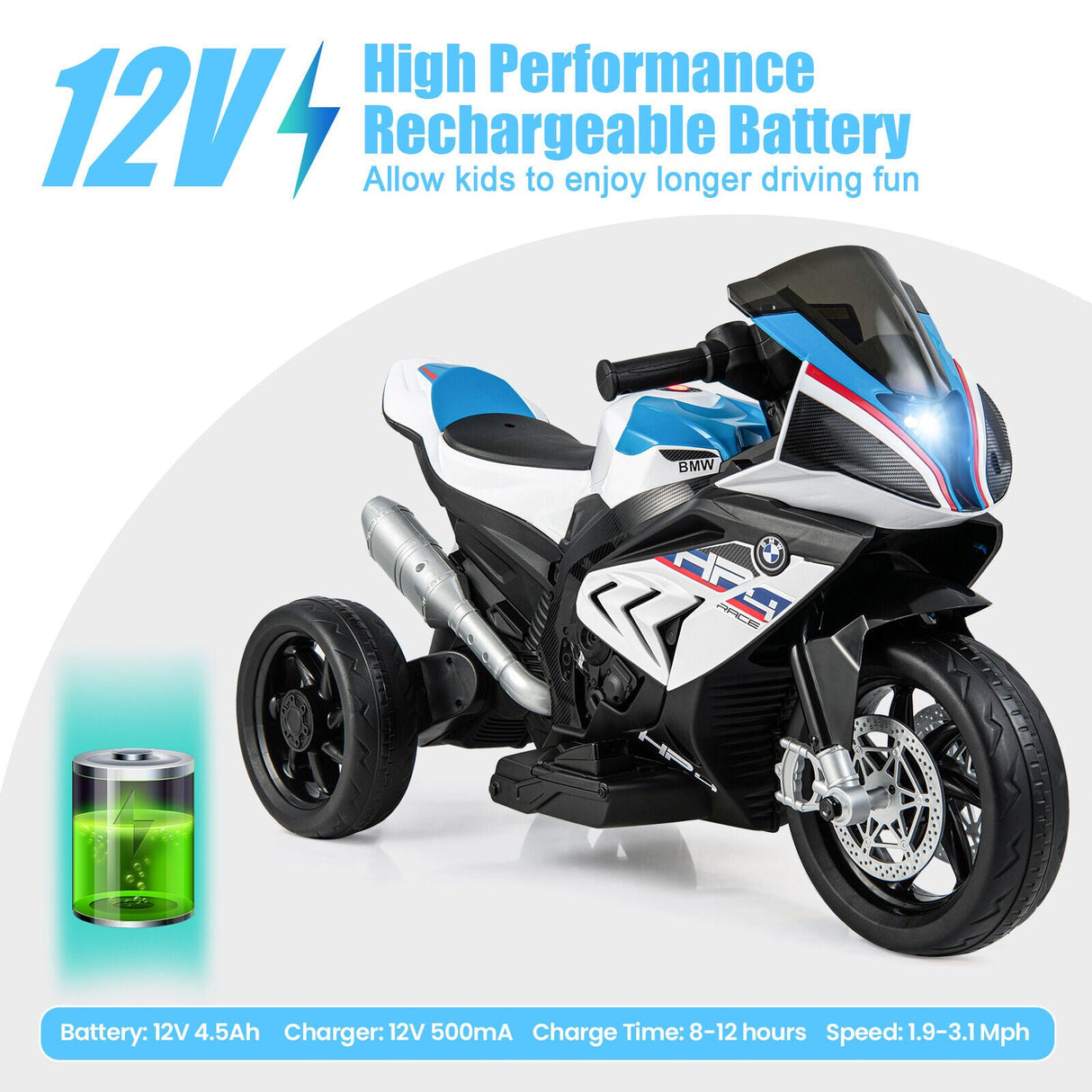 Electric Ride-On Motorcycle for Kids with LED Headlights and Non-Slip Wheels - White
