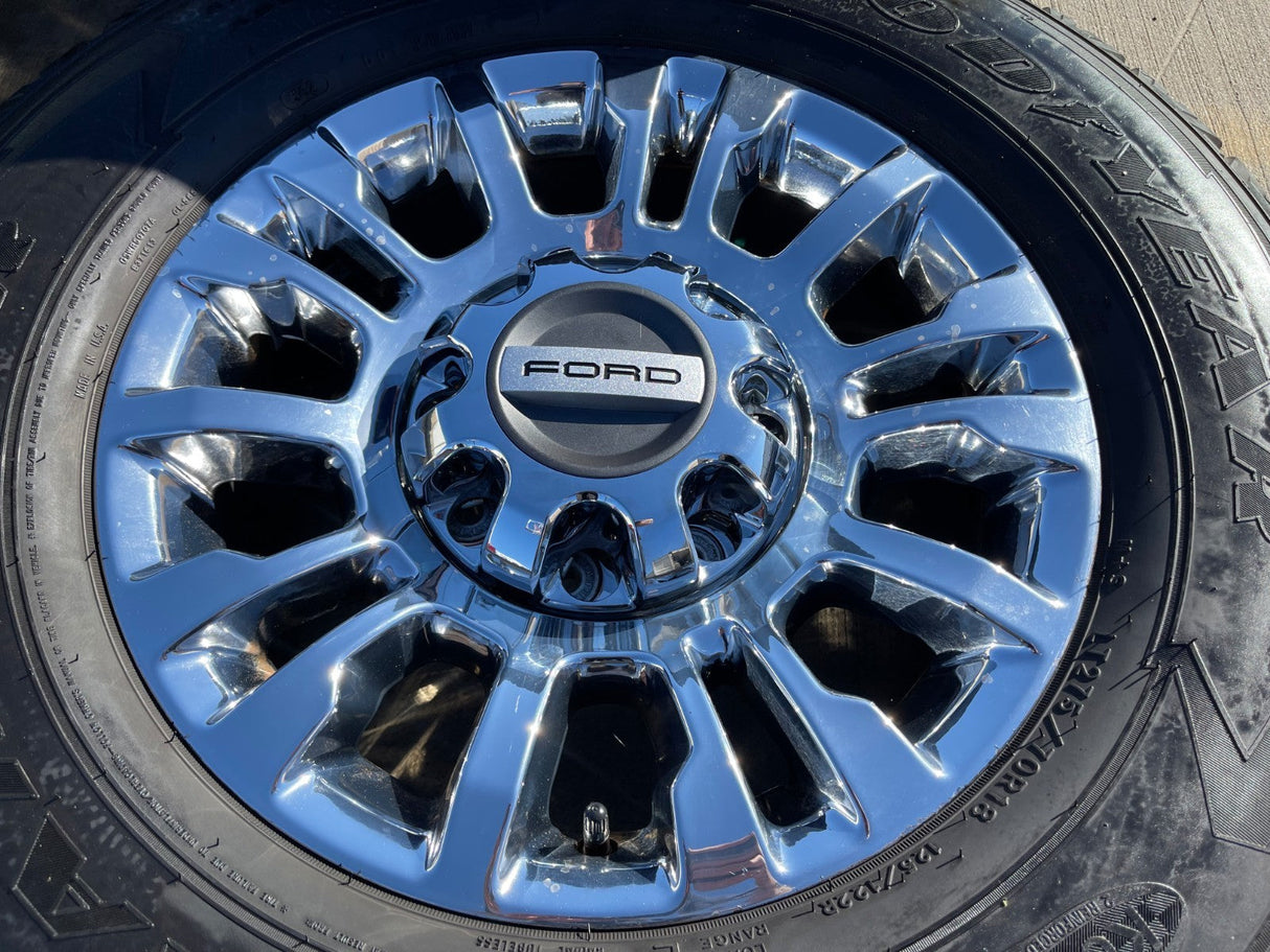 18" Ford F-250 F-350 OEM rims wheels 10290 chrome tires GOODYEAR WORKHORSE A/T Texas Truck Tire
