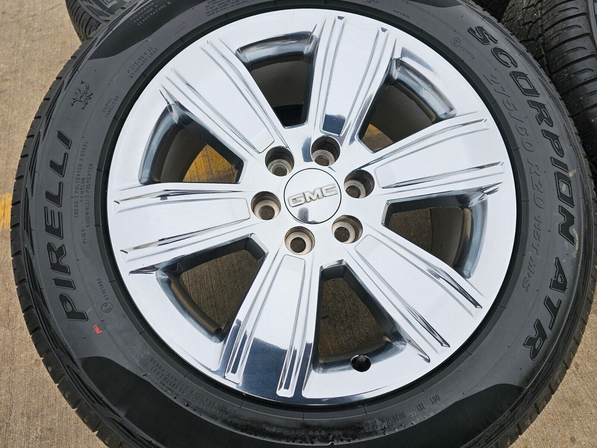 20" GMC Sierra Yukon DENALI OEM wheels rims 5752 chrome tires PIRELLI A/T Texas Truck Tire