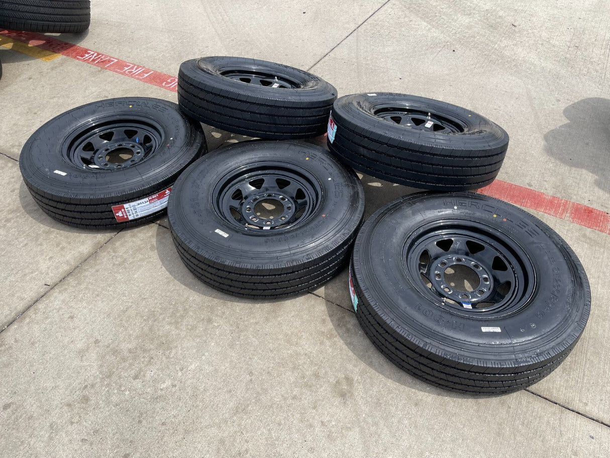 (5) 16x6 16" Dexstar Steel Trailer Gloss Black Wheels Rims Tires 14 PLY 8x6.5 Texas Truck Tire