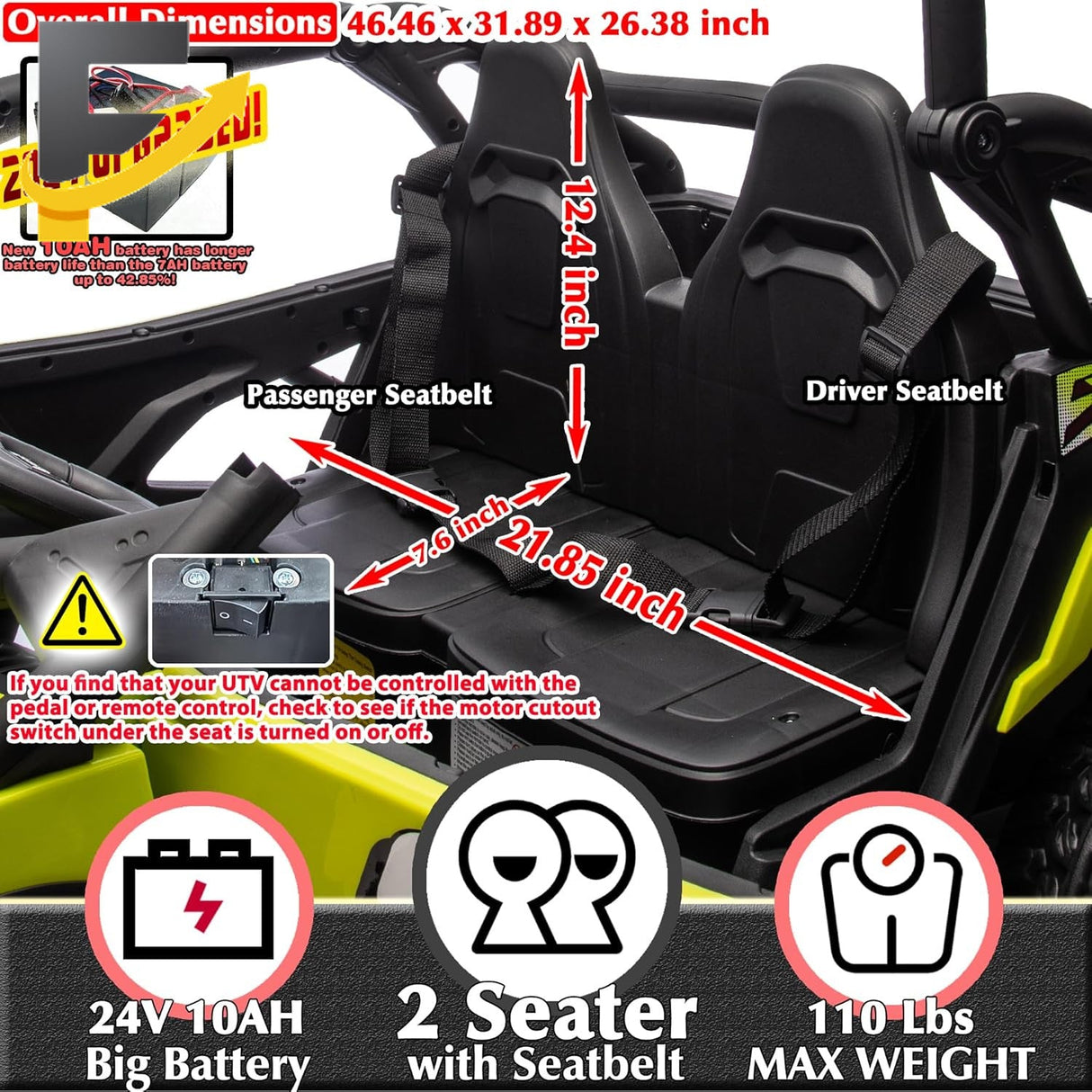 24V 10Ah Kids 2-Seater Ride-On UTV with Remote Control for Boys and Girls