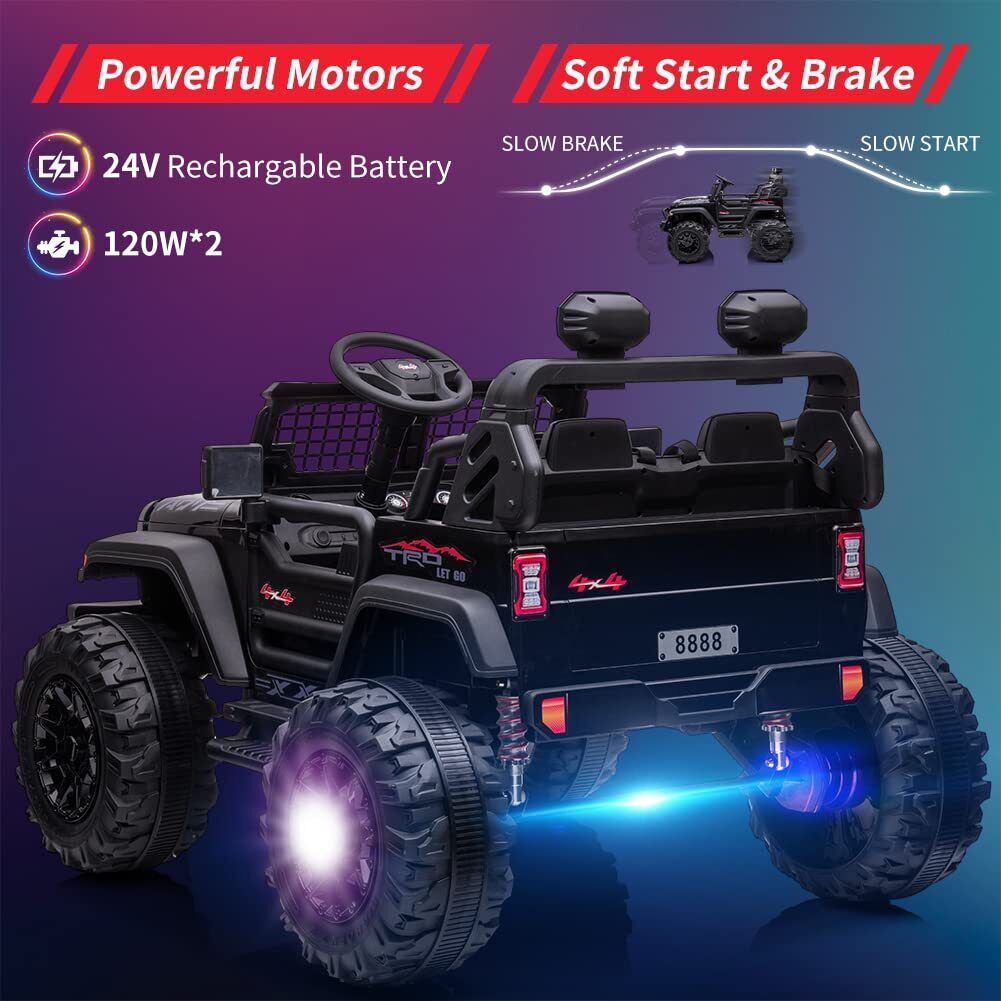 24V Kids Ride On Car in Black with Remote Control - 2 Seater 20” Extra Large Seat Truck
