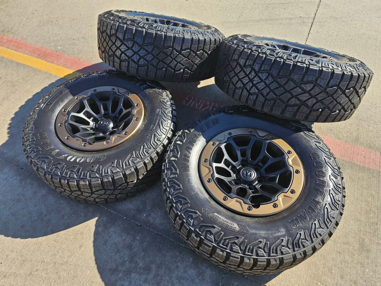 18" Dodge Ram 1500 TRX Beadlock OEM bronze RHO wheels rims 2735 tires NEW 35" Texas Truck Tire