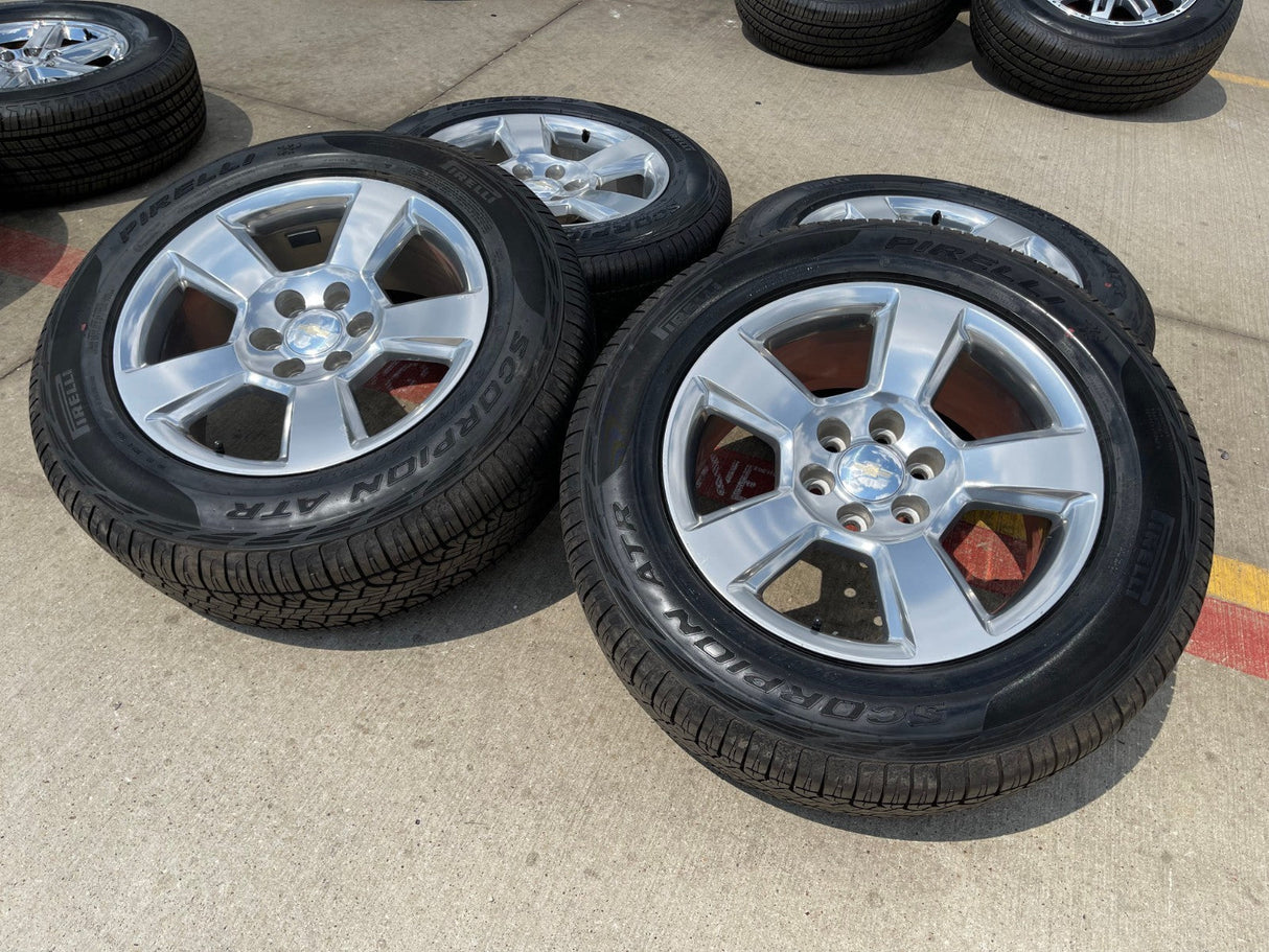 20" Chevy Silverado Tahoe Suburban OEM 5652 wheels rims tires PIRELLI A/T Texas Truck Tire