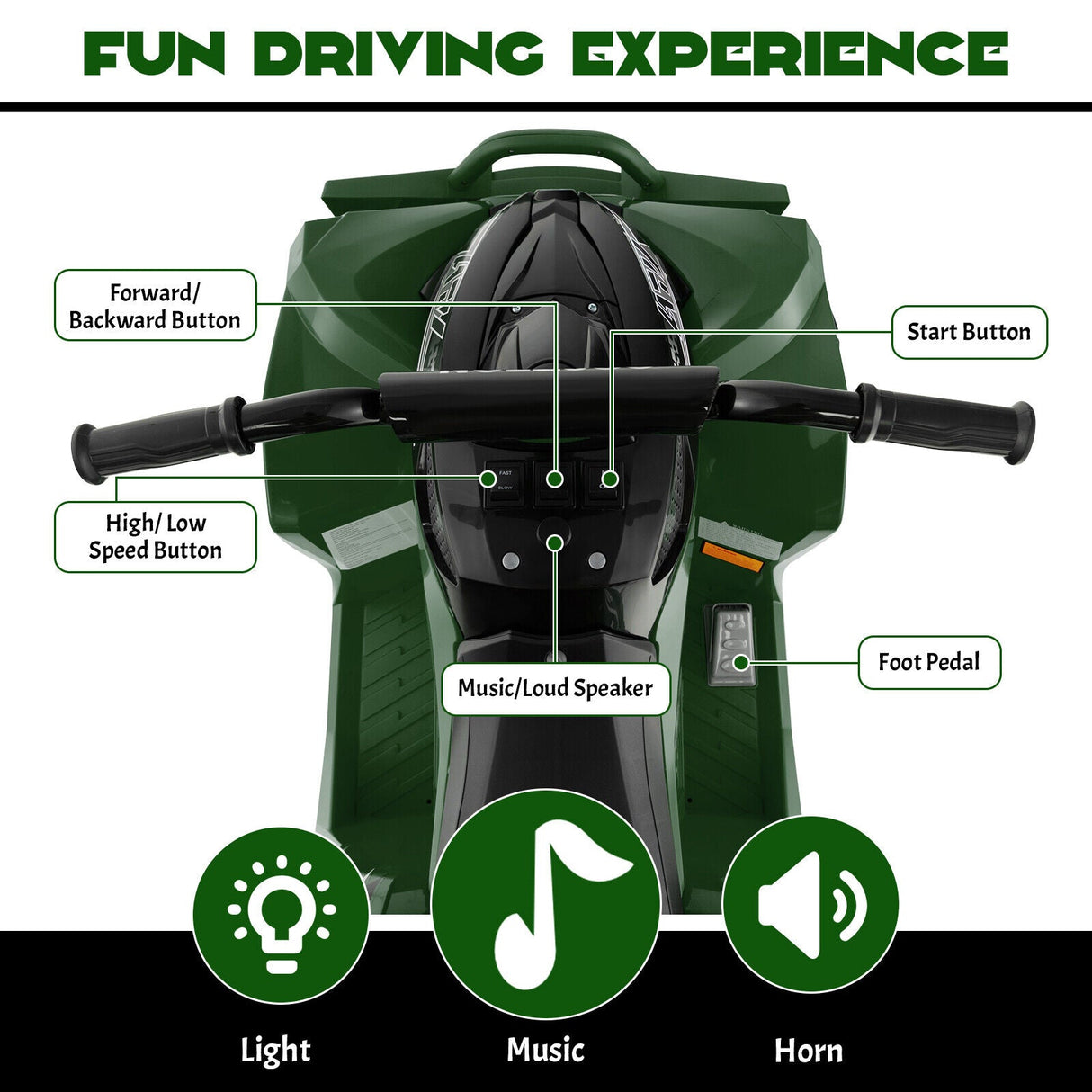 Electric Kids ATV with Headlights, Music, and Green Design - 12V Battery Powered