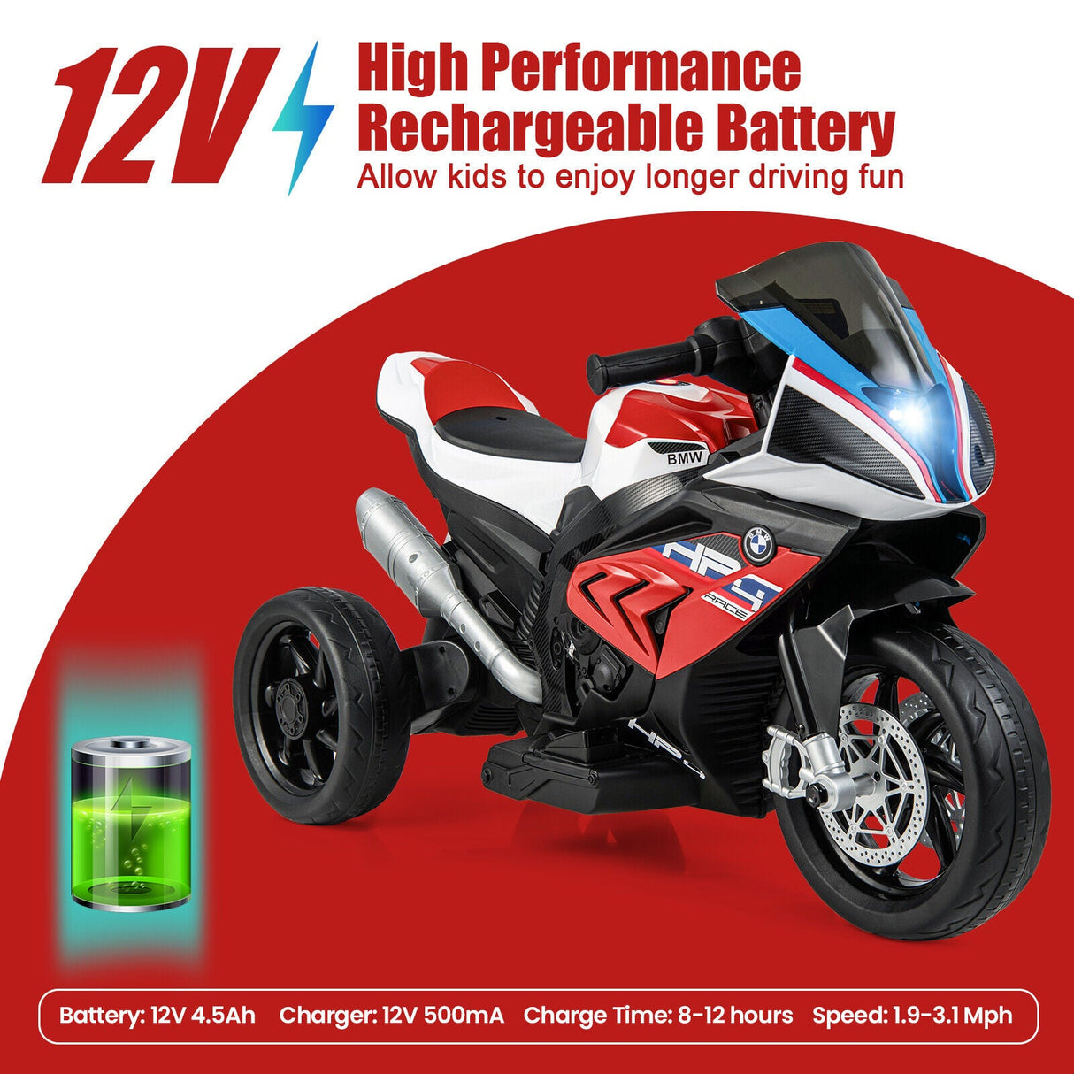 Electric Ride-On Motorcycle for Kids with LED Headlights and Non-Slip Wheels - Red