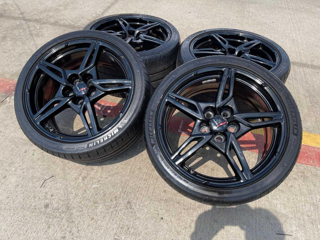 19" + 20" Chevy Corvette C8 OEM 14007 14008 wheels rims BLACK TPMS Texas Truck Tire