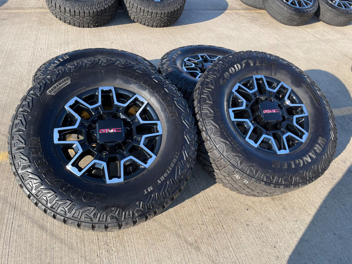 18" GMC Sierra AT4X Chevy Trail Boss 2500 OEM 14136 wheels rims GOODYEAR 35" Texas Truck Tire