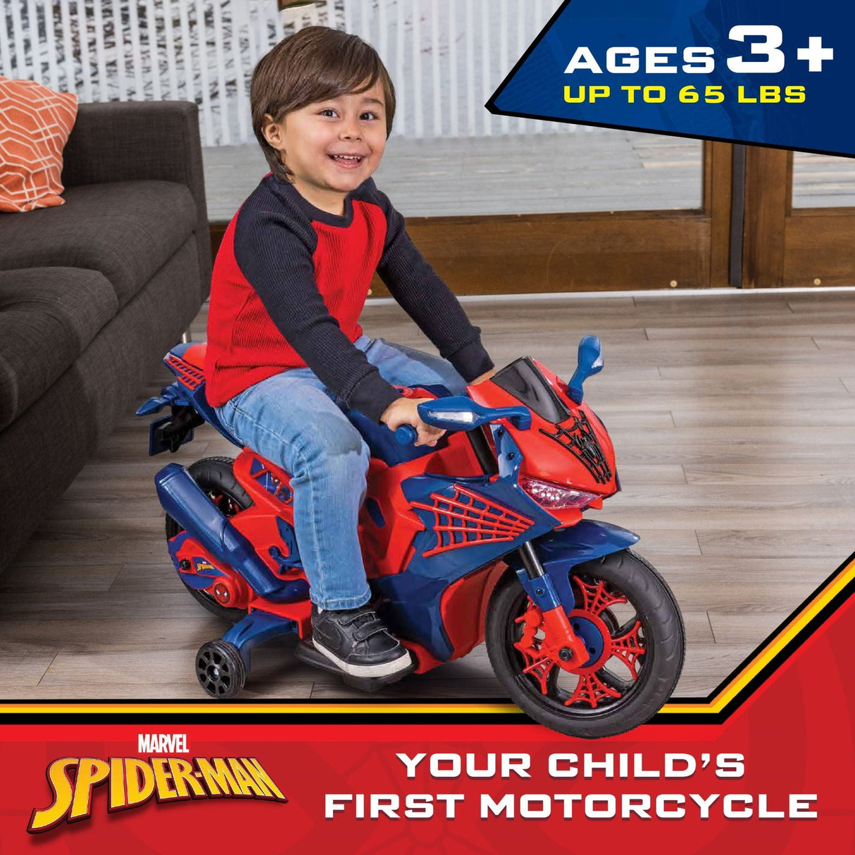 6V Spiderman Ride-On Motorcycle Toy for Kids Ages 3+ with Rechargeable Battery, Supports Up to 65 lbs