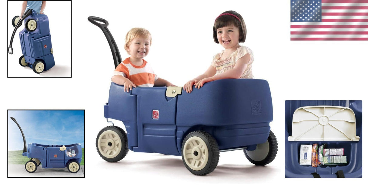 Denim Blue Kids Wagon with Cup Holders for Safe Outdoor Riding