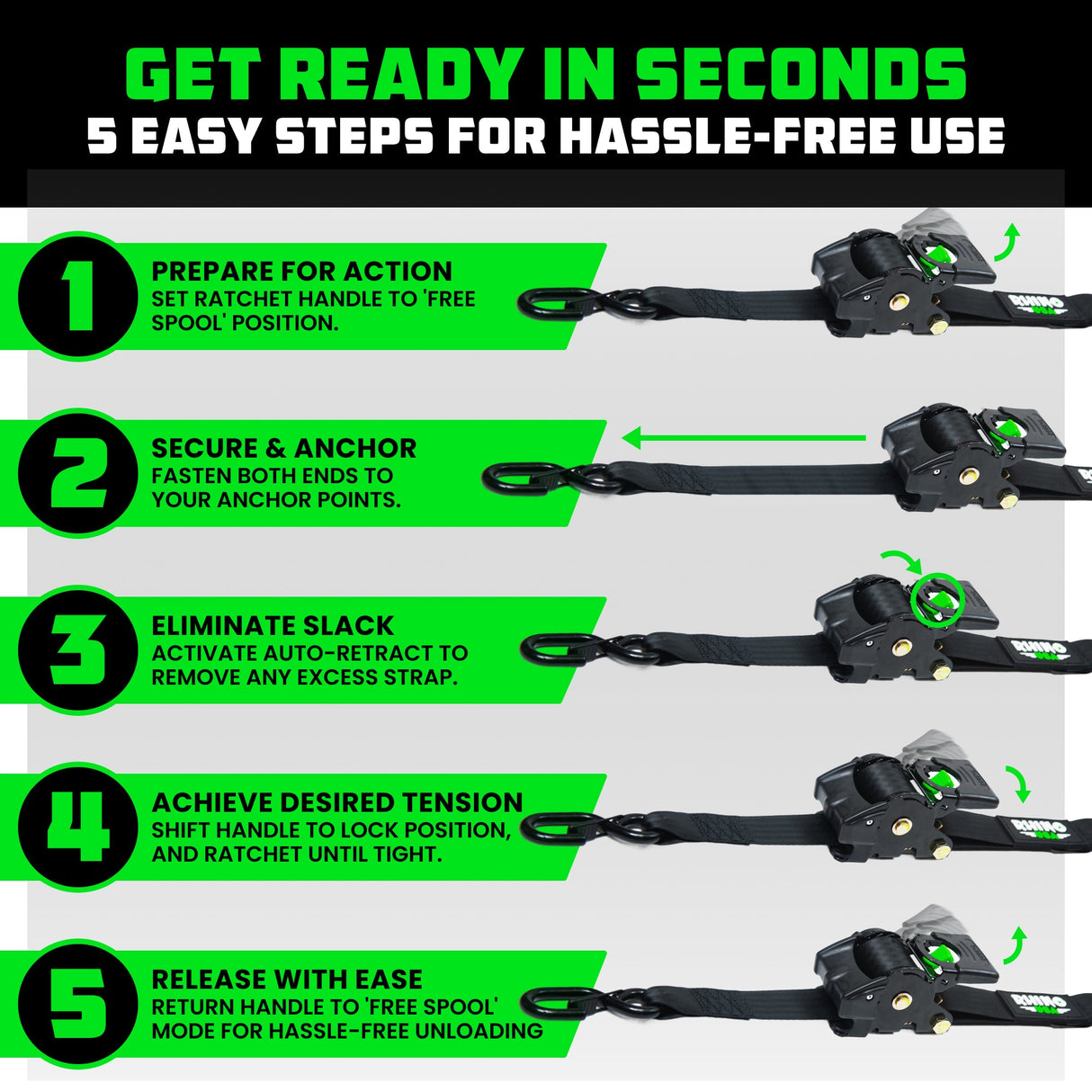 2" x 10' Retractable Ratchet Straps