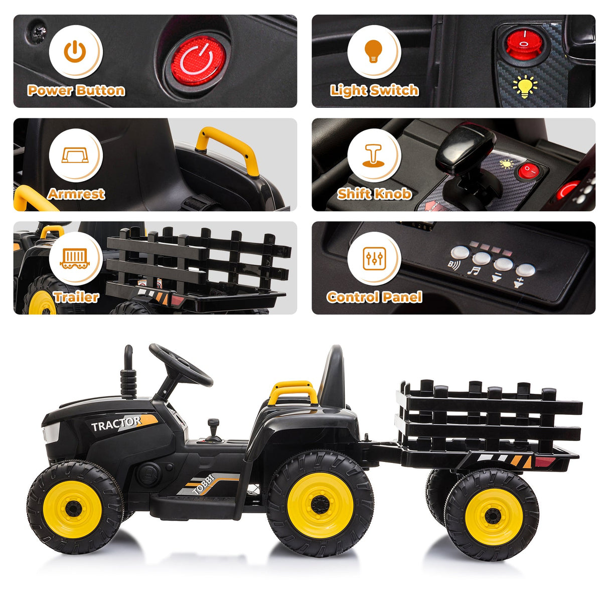12V Electric Ride-On Kids Tractor with Battery Powered Toy Car and Trailer