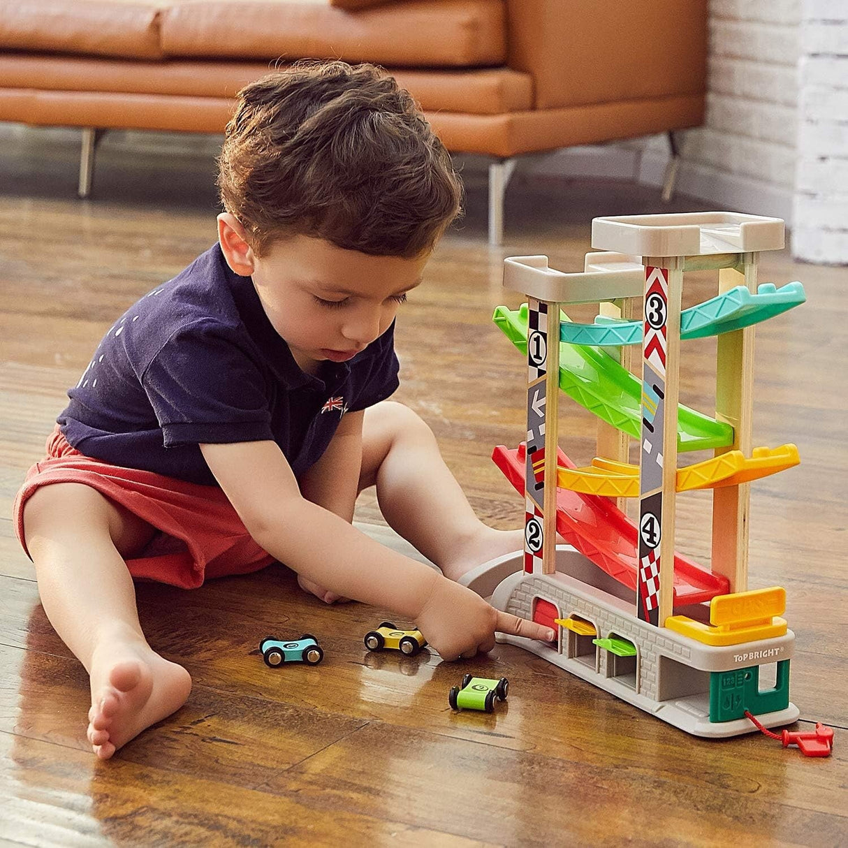 Toddler Race Track Toy with 4 Wooden Cars Montessori Learning Playset