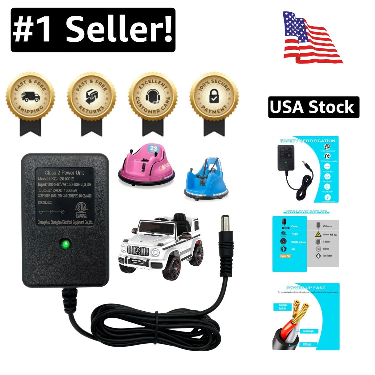 Universal 12V Electric Ride-On Charger – Safe, Reliable Power for Kids