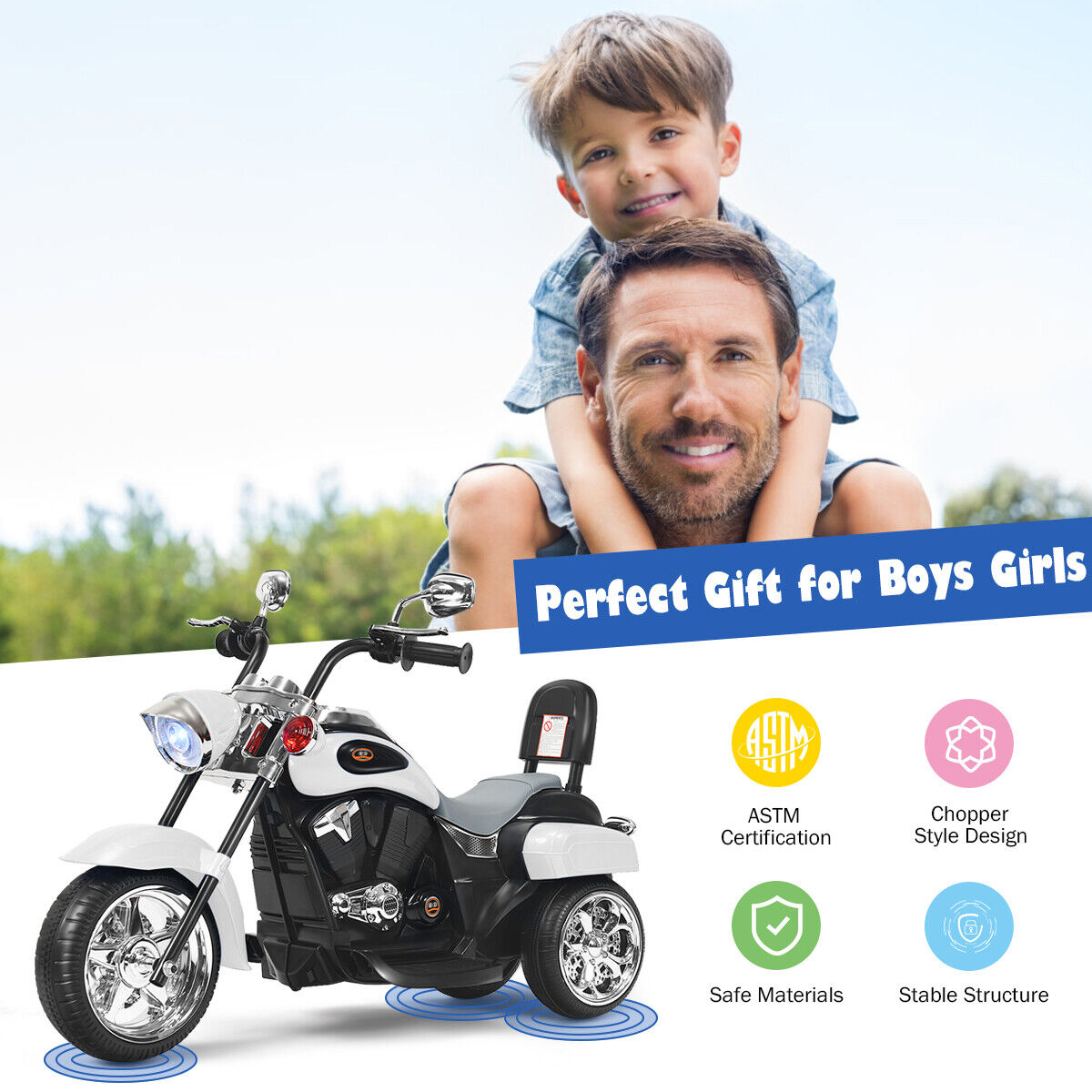 White 3-Wheel Chopper Motorcycle for Kids with Headlight and Horn