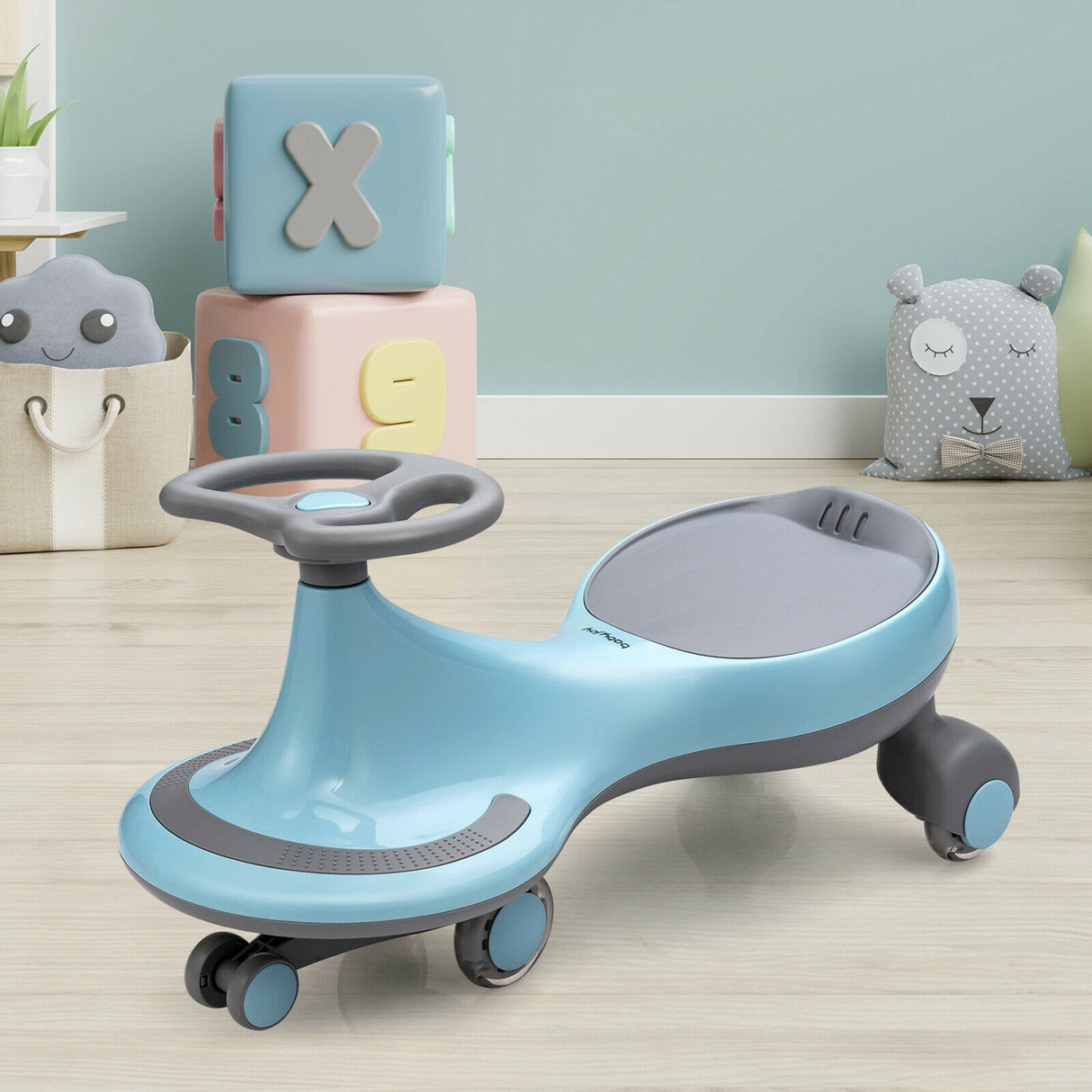 Blue Wiggle Car Ride-On Toy with Flashing Wheels for Toddlers and Kids