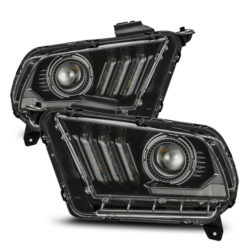 Phares de projecteur AlphaRex 10-12 Ford Mustang PRO-Series de style planche, noir de jais avec feux de jour supérieurs/inférieurs