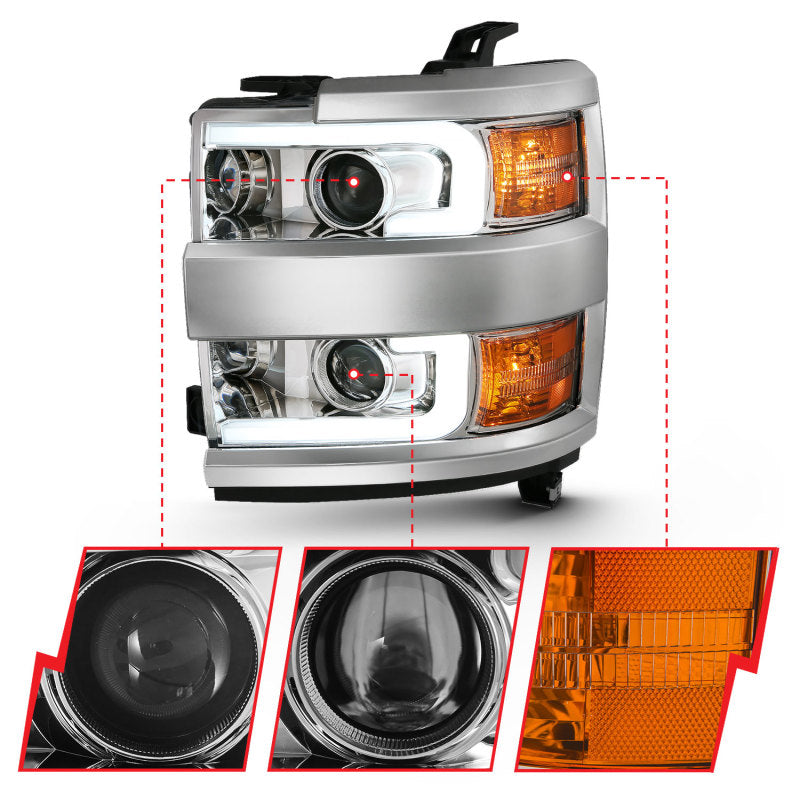 Phares de projecteur ANZO 2015-2016 Chevrolet Silverado avec design de style planche Chrome avec ambre