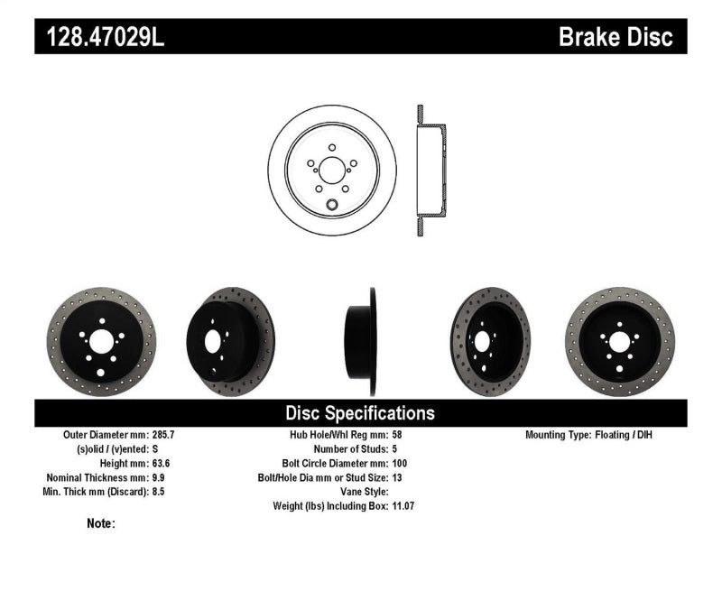 Rotor arrière gauche percé StopTech 08-10 WRX