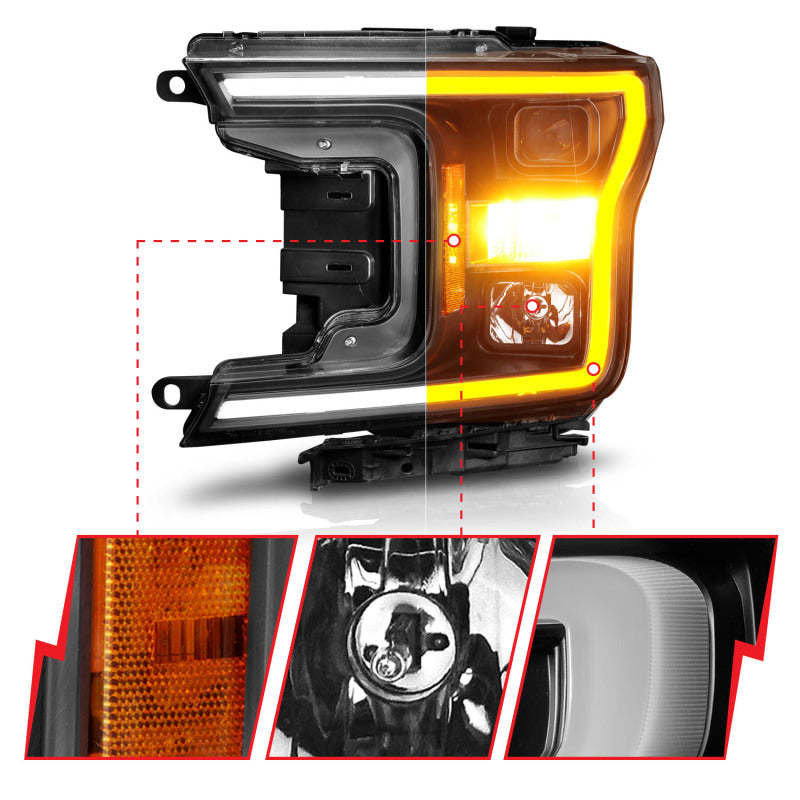 Phare de projecteur ANZO 2018-2020 Ford F-150 avec boîtier noir de style Plank Switchback
