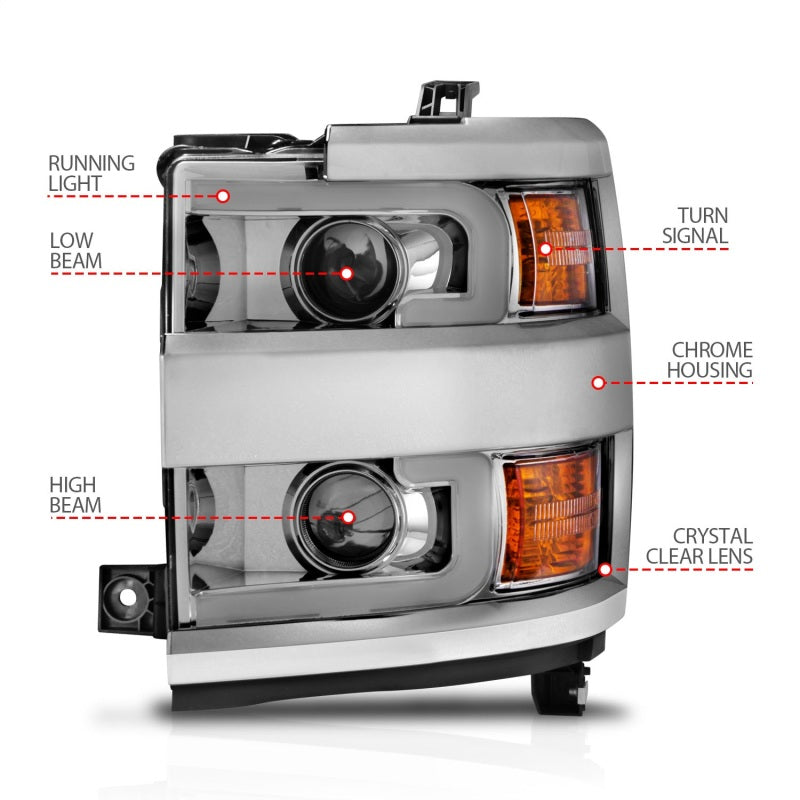 Phares de projecteur ANZO 15-17 Chevrolet Silverado 2500HD / 3500HD Chrome avec jante chromée