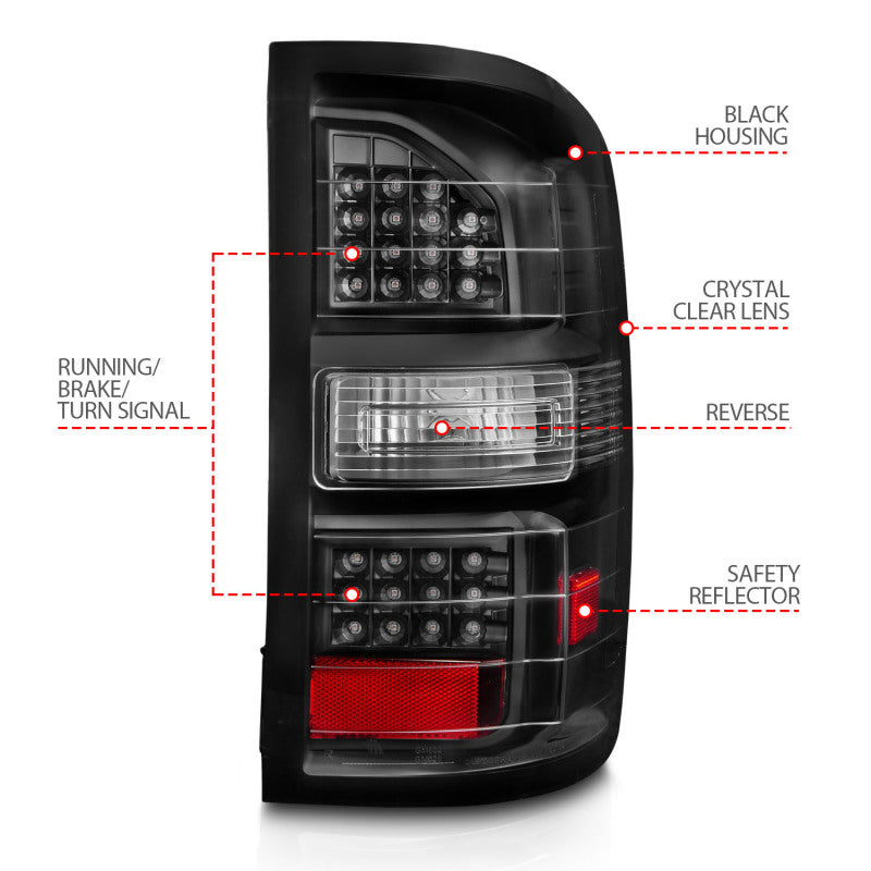 Feux arrière à LED ANZO 2014-2018 GMC Sierra Boîtier noir Lentille transparente